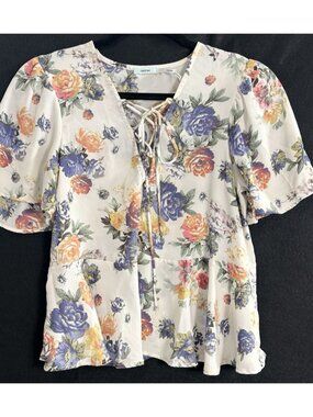 KIMCHI BLUE Women Floral Tie V Neck Flutter Sleeves Blouse Sz L White 33-14